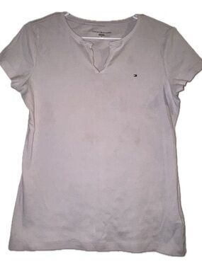 Tommy Hilfiger Women's Light White Notch Neck Short Sleeve Tee